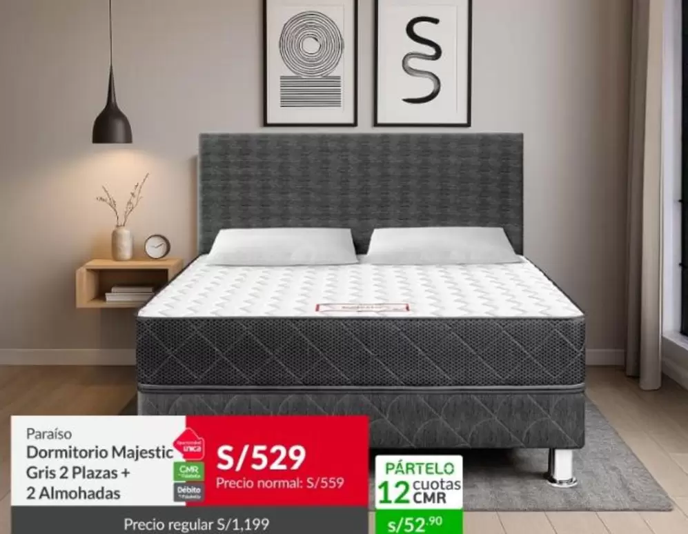 Paraiso - Dormitorio Majestic Gris 2 Plazas + 2 Almohadas