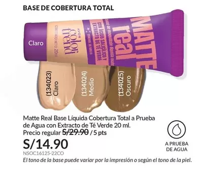 Real - Matte  Base Líquida Cobertura Total a Prueba de Agua con Extracto de Té Verde