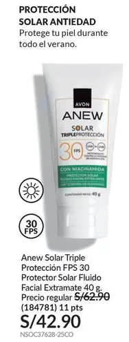 Avon - Solar Triple Protección FPS 30 Protector Solar Fluido Facial Extramate 40 g