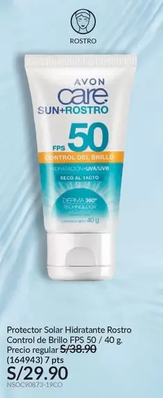 Avon - Protector Solar Hidratante Rostro Control de Brillo FPS 50 / 40 g