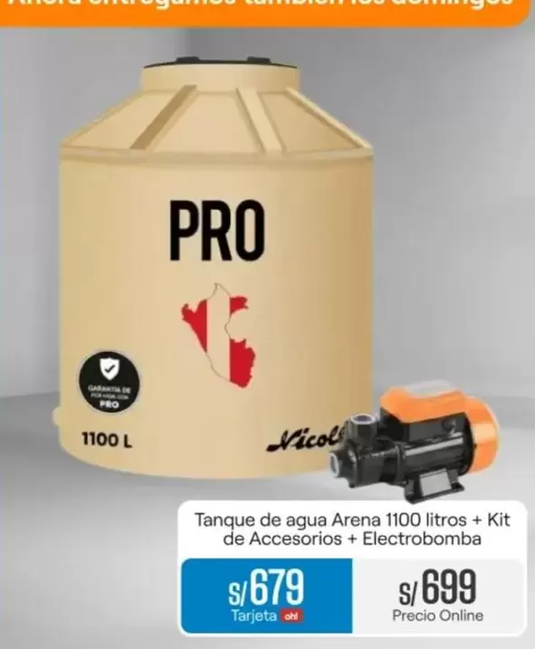 Pro    - Tanque de agua Arena 1100 litros + Kit de Accesorios + Electrobomba