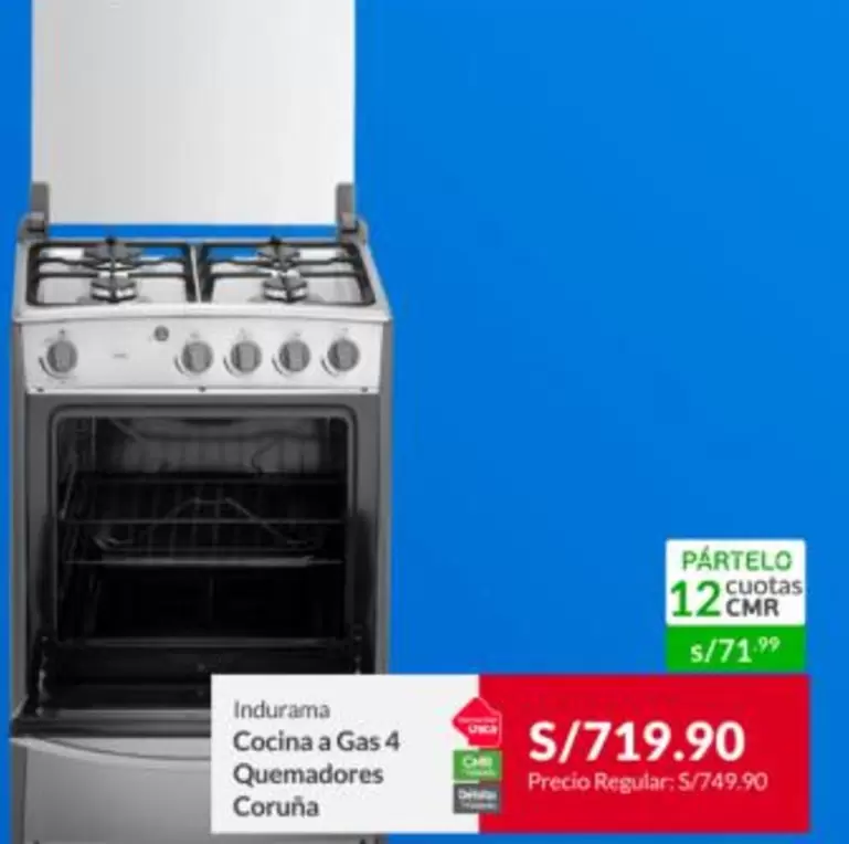 Indurama - Cocina a Gas 4 Quemadores Coruña