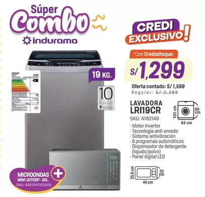 Indurama - LAVADORA LRI19CR + MICROONDAS MWI-20TCRP-20L