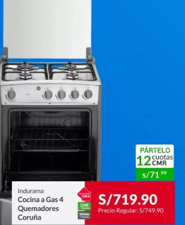 Indurama - Cocina a Gas 4 Quemadores Coruña