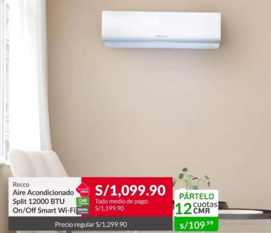 Recco - Aire Acondicionado Split 12000 BTU On/Off Smart Wi-Fi