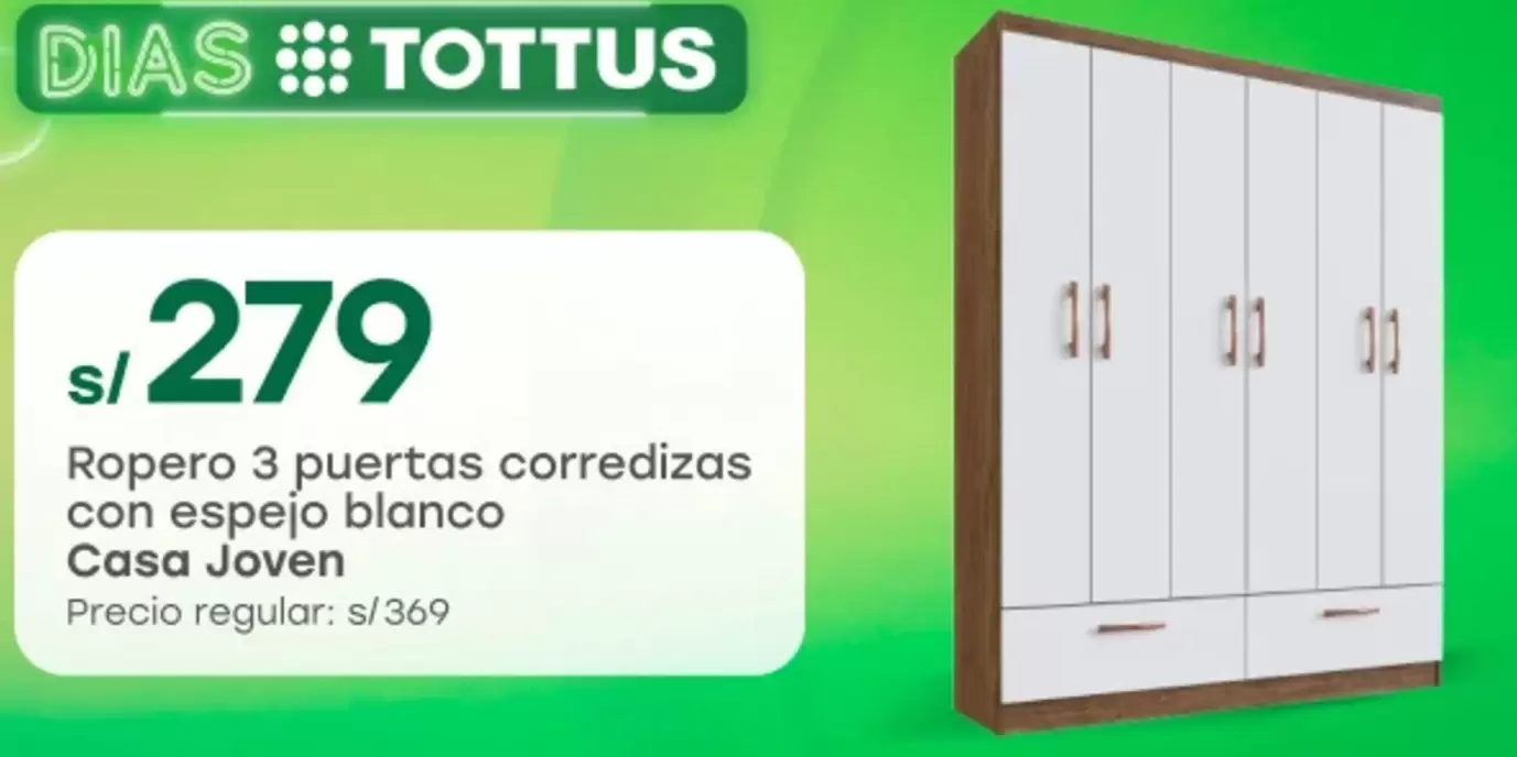 Tottus - Ropero 3 puertas corredizas con espejo blanco Casa Joven