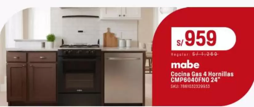 Mabe - Cocina Gas 4 Hornillas CMP6040FNO 24"