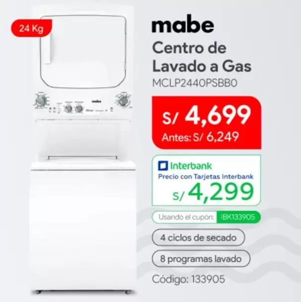Mabe - Centro de Lavado a Gas MCLP2440PSBBO