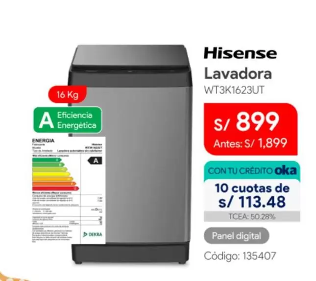 Hisense - Lavadora WT3K1623UT