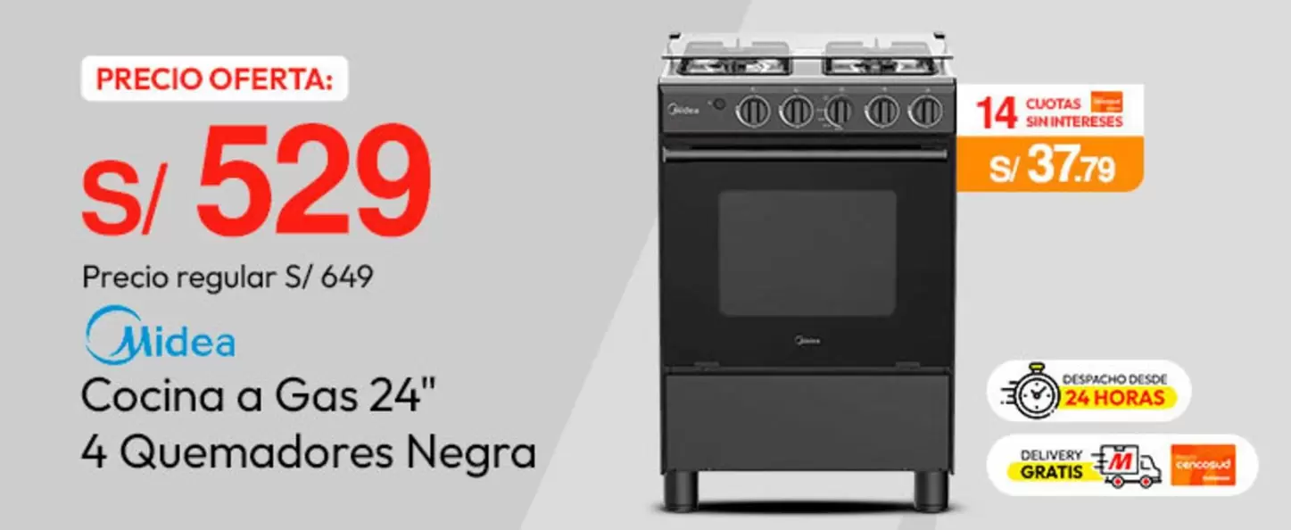 Cocina a Gas 24" 4 Quemadores Negra