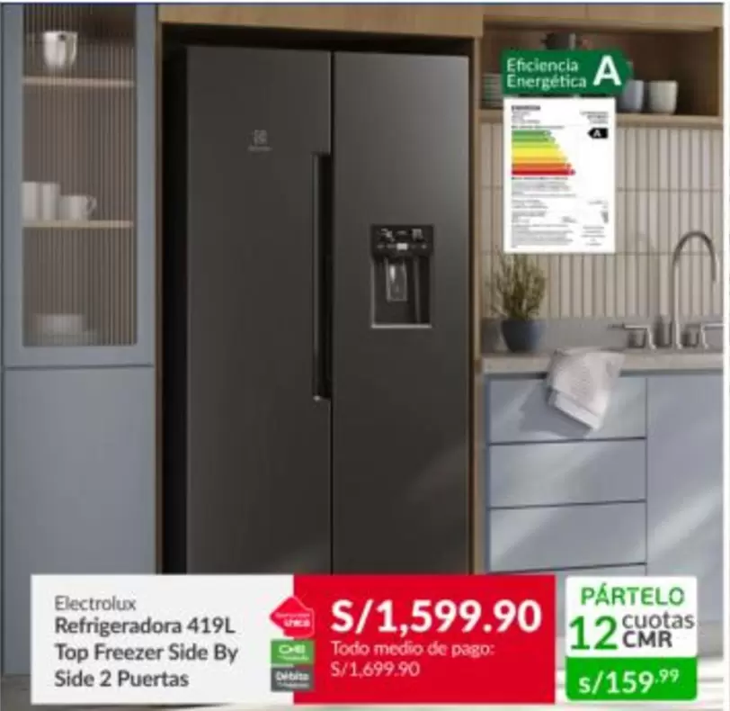 Electrolux - Refrigeradora 419L Top Freezer Side By Side 2 Puertas