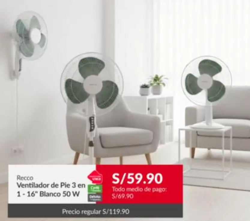 Recco - Ventilador de Pie 3 en 1-16" Blanco 50 W