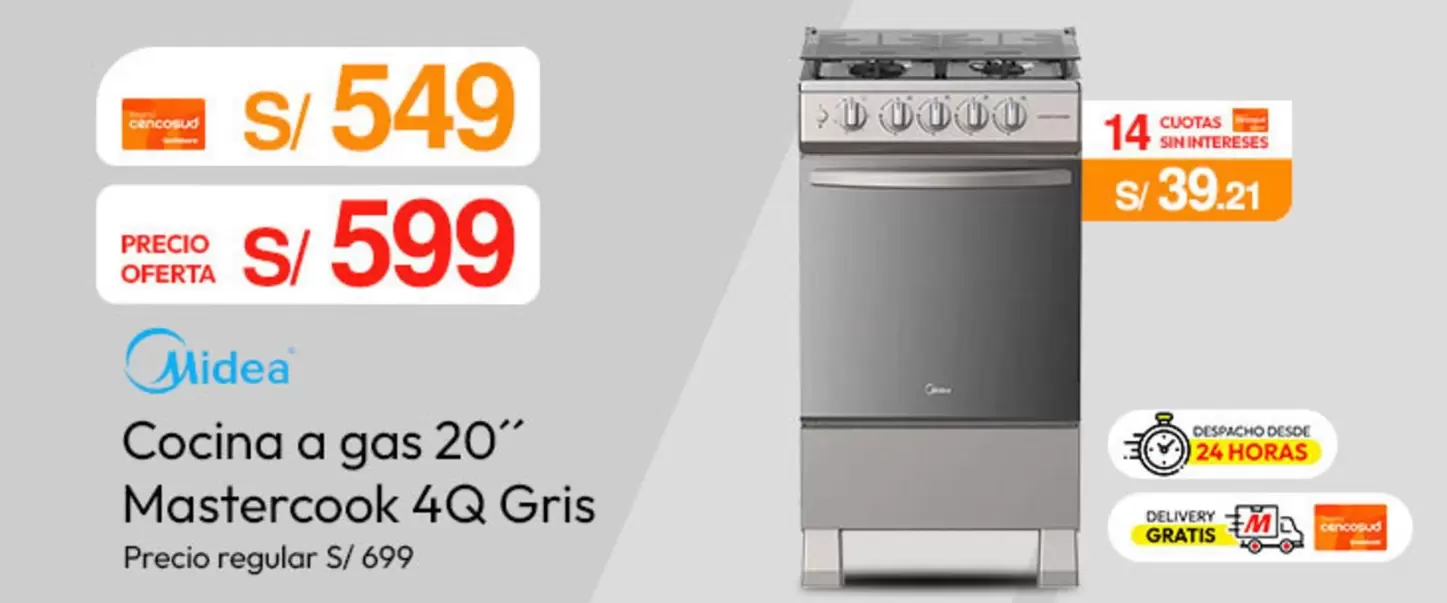 Cocina a gas 20" Mastercook 4Q Gris