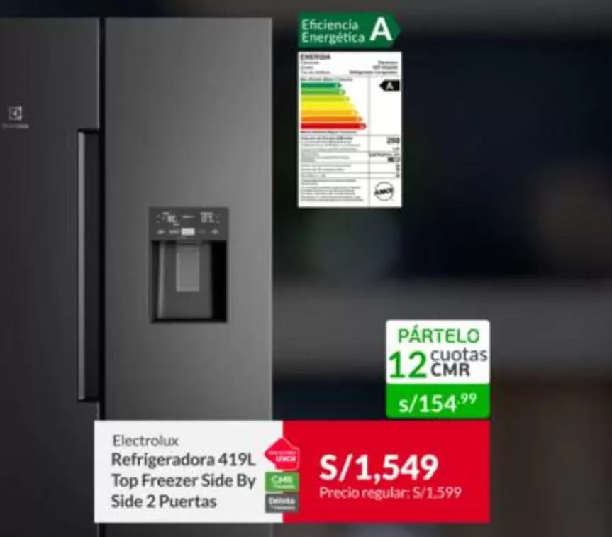 Electrolux - Refrigeradora 419L Top Freezer Side By Side 2 Puertas