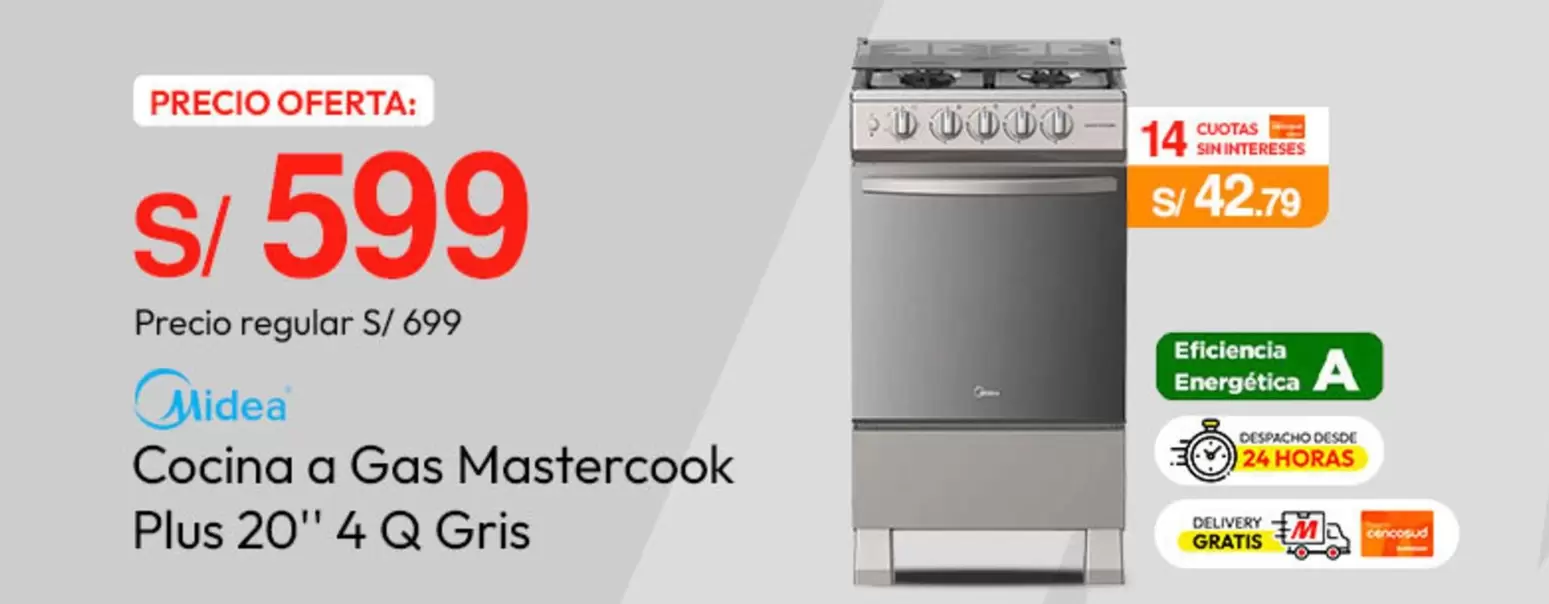 Cocina a Gas Mastercook Plus 20" 4 Q Gris