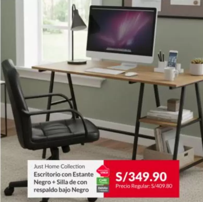 Escritorio con Estante Negro + Silla de con respaldo bajo Negro