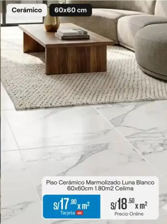 Píso Cerámico Marmolizado Luna Blanco 60x60cm 1.80m2