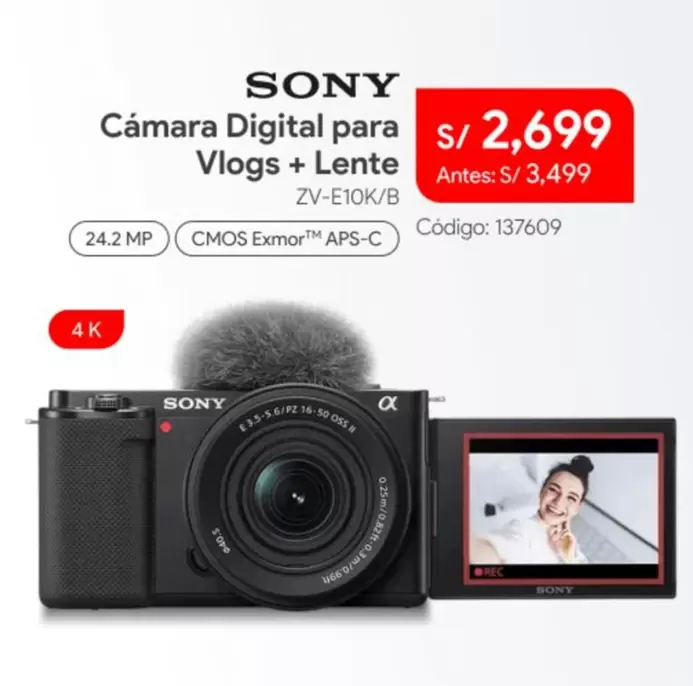 Sony - Cámara Digital para Vlogs + Lente ZV-E10K/B