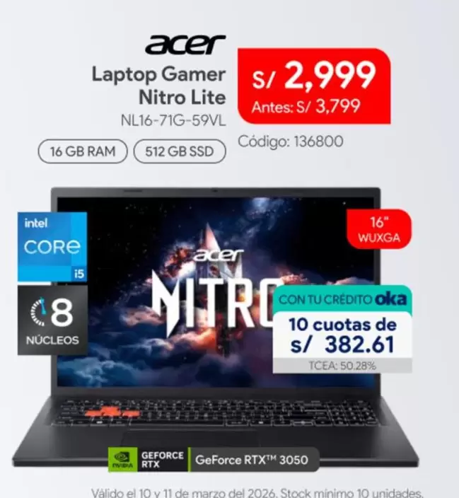 Acer - Laptop Gamer Nitro Lite NL16-71G-59VL