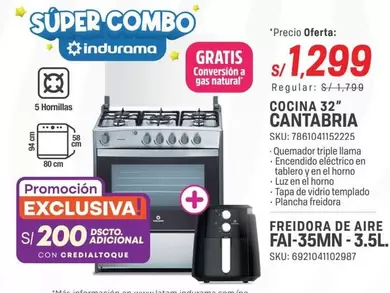 Indurama - COCINA 32" CANTABRIA + FREIDORA DE AIRE FAI-35MN-3.5L.