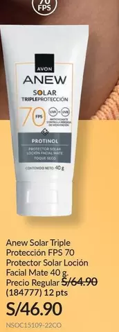 Avon - Anew Solar Triple Protección FPS 70 Protector Solar Loción Facial Mate 40 g. (184777)
