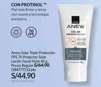 Avon - Anew Solar Triple Protección FPS 70 Protector Solar Loción Facial Mate 40 g (184777)