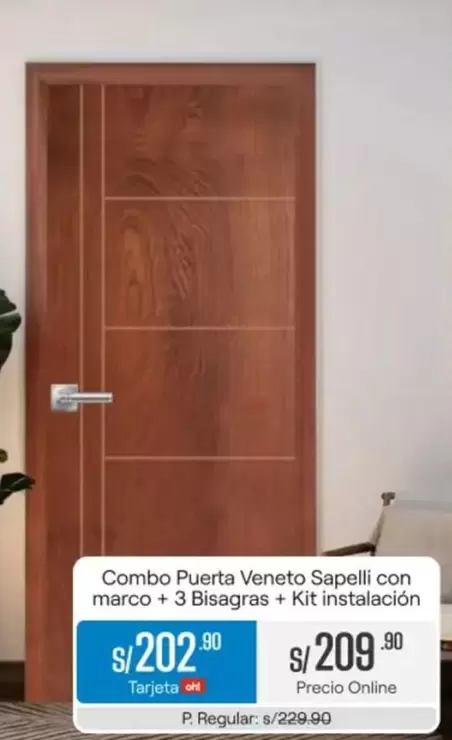Combo Puerta Veneto Sapelli con marco + 3 Bisagras + Kit instalación
