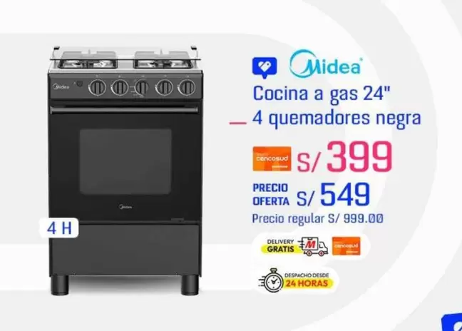 Cocina a gas 24" - 4 quemadores negra