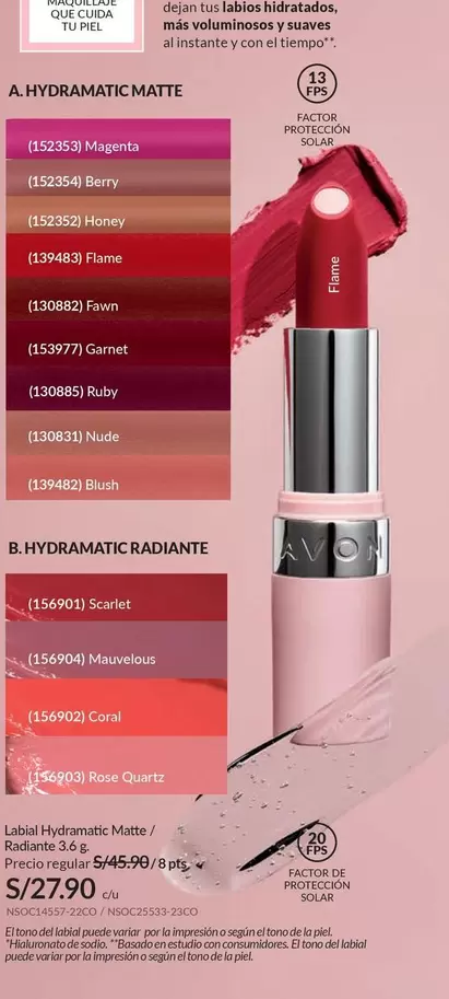 Avon - Labial HydraMatic Matte / Radiante 3.6 g