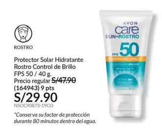 Avon - Protector Solar Hidratante Rostro Control de Brillo FPS 50 / 40 g. (164943) 9 pts