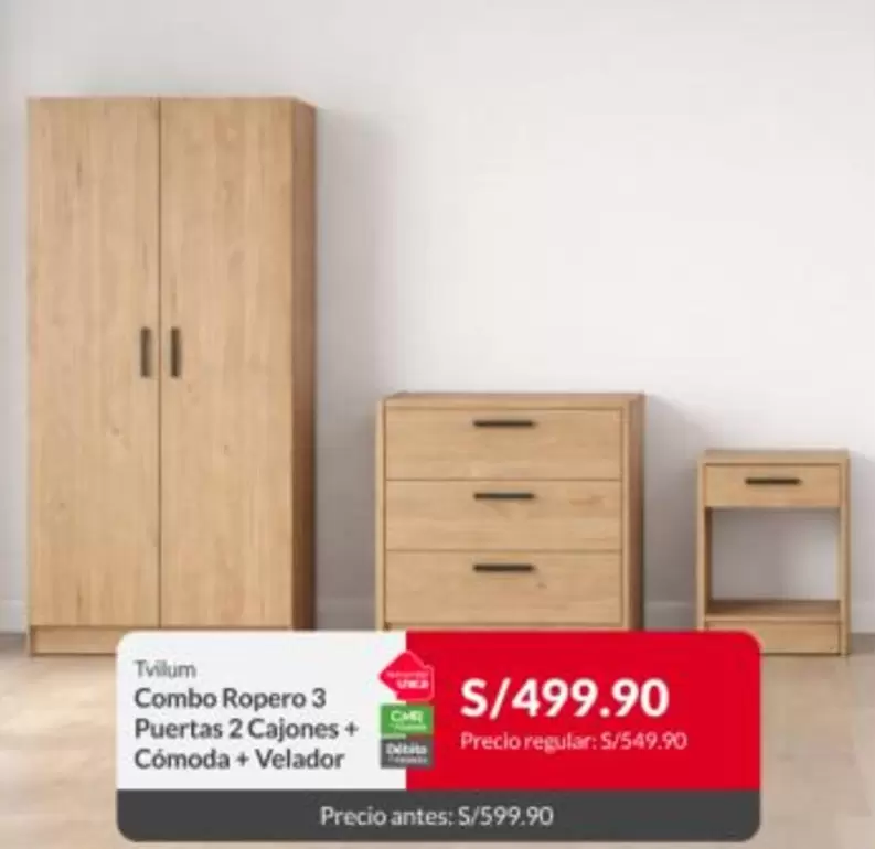Combo Ropero 3 Puertas 2 Cajones + Cómoda + Velador