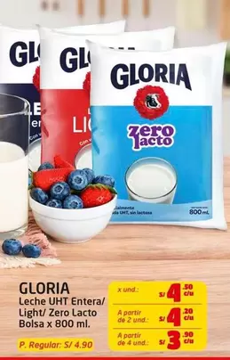 Gloria - Leche UHT Entera Light/ Zero Lacto Bolsa