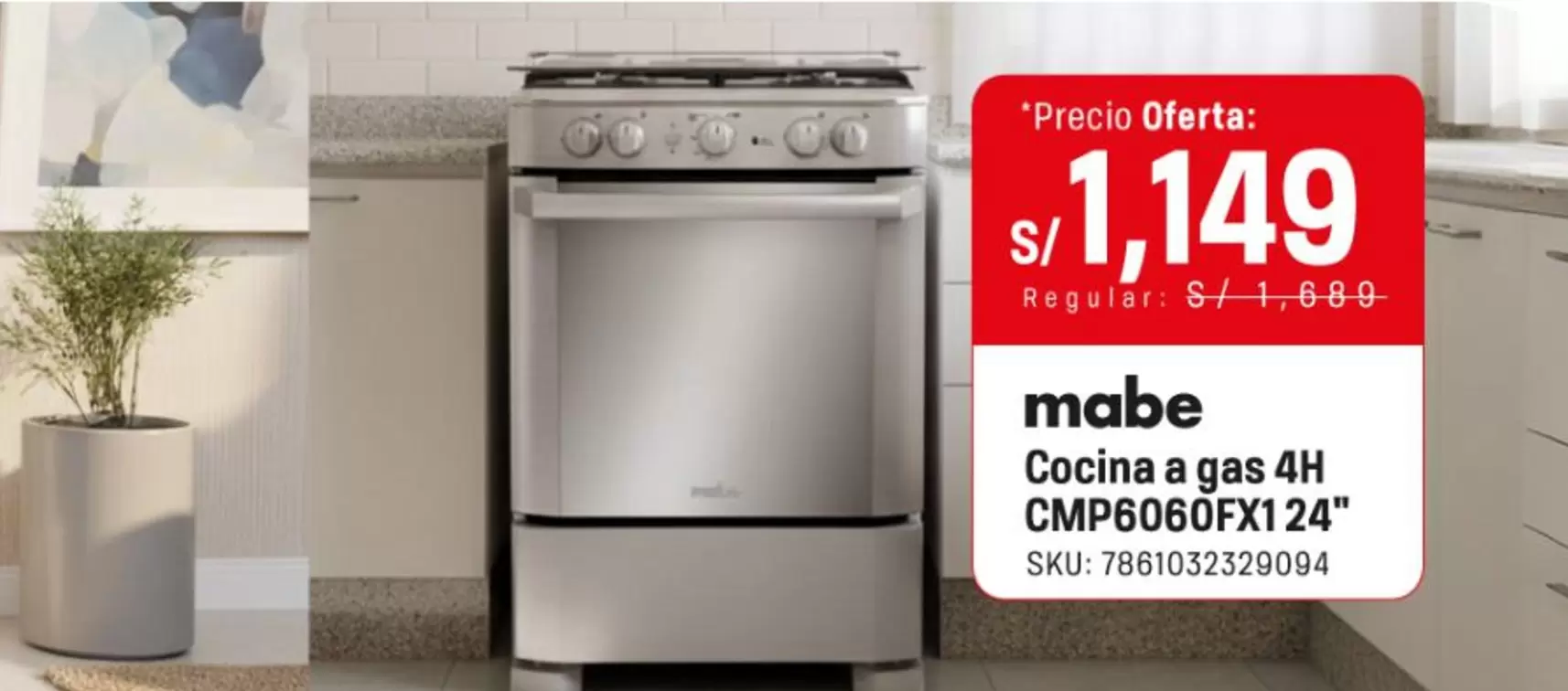 Mabe - Cocina a gas 4H CMP6060FX1 24"