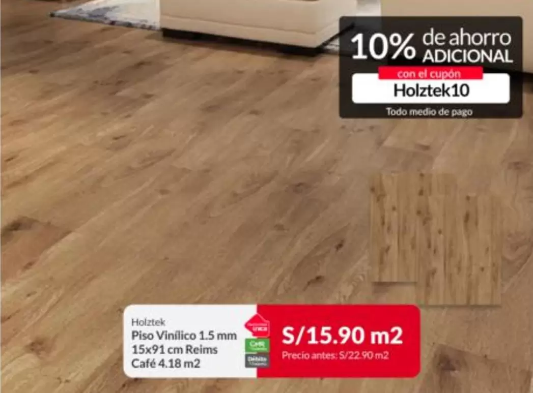 Piso Vinilico 1.5 mm 15x91 cm Reims Café