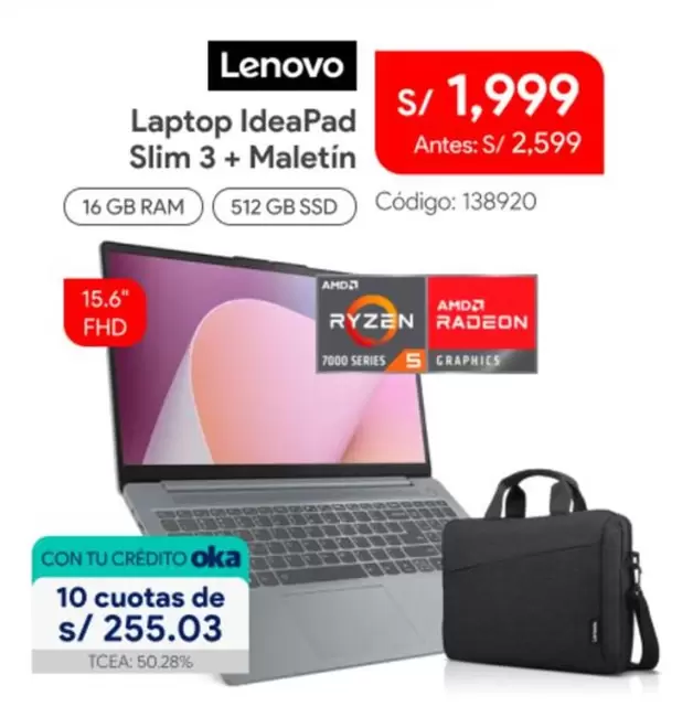 Lenovo - Laptop IdeaPad Slim 3 + Maletín