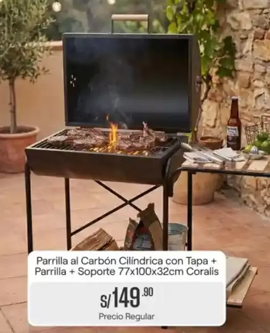 Parrilla al Carbón Cilindrica con Tapa + Parrilla + Soporte 77x100x32cm