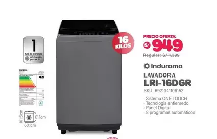 Indurama - LAVADORA LRI-16DGR