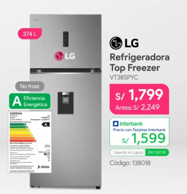 Lg - Refrigeradora Top Freezer VT38SPYC