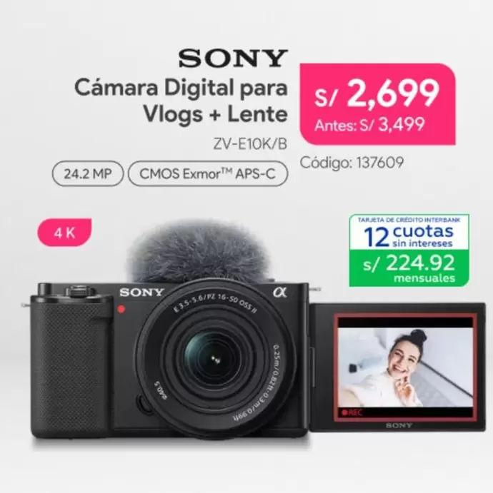 Sony - Cámara Digital para Vlogs + Lente ZV-E10K/B