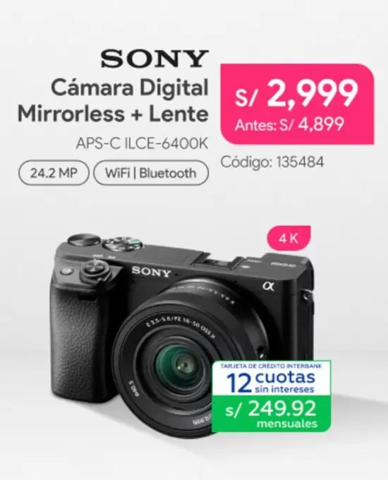 Sony - Cámara Digital Mirrorless + Lente APS-C ILCE-6400K