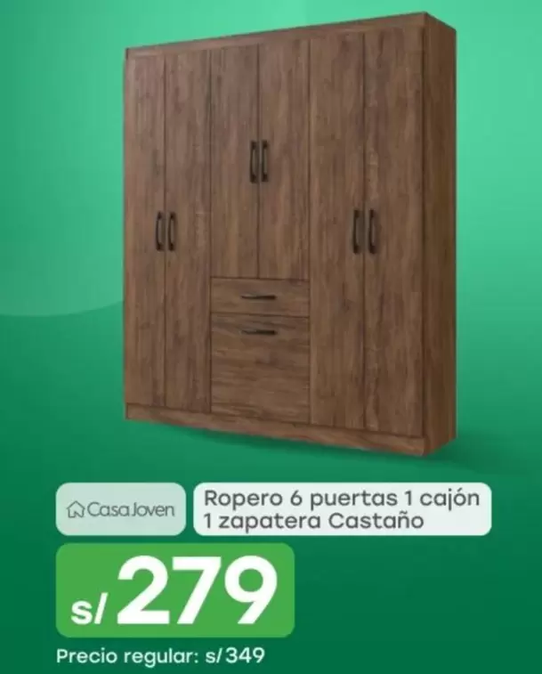 Casa Joven - Ropero 6 puertas 1 cajón 1 zapatera Castaño