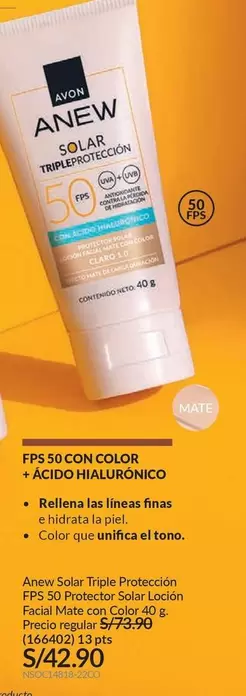 Avon - Anew Solar Triple Protección FPS 50 Protector Solar Loción Facial Mate con Color 40 g