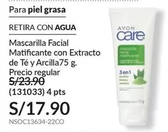 Avon Care - Mascarilla Facial Matificante con Extracto de Té y Arcilla 75 g. (131033)
