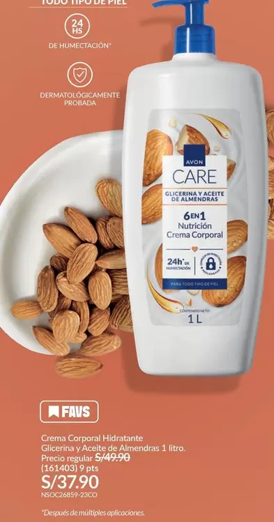 Avon Care - Crema Corporal Hidratante Glicerina y Aceite de Almendras