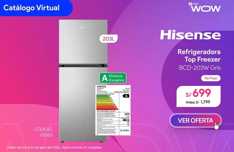 Hisense - Refrigeradora Top Freezer BCD-203W Gris