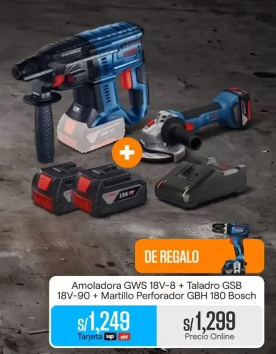 Bosch - Amoladora GWS 18V-8 + Taladro GSB 18V-90 + Martillo Perforador GBH 180