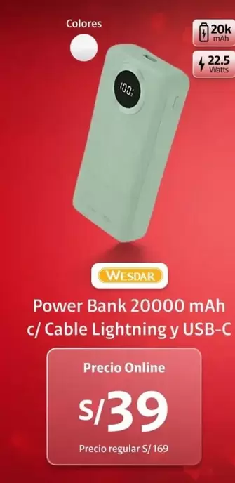 power - Power Bank 20000 mAh c/ Cable Lightning y USB-C