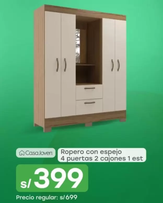 Casa Joven - Ropero con espejo 4 puertas 2 cajones 1 est