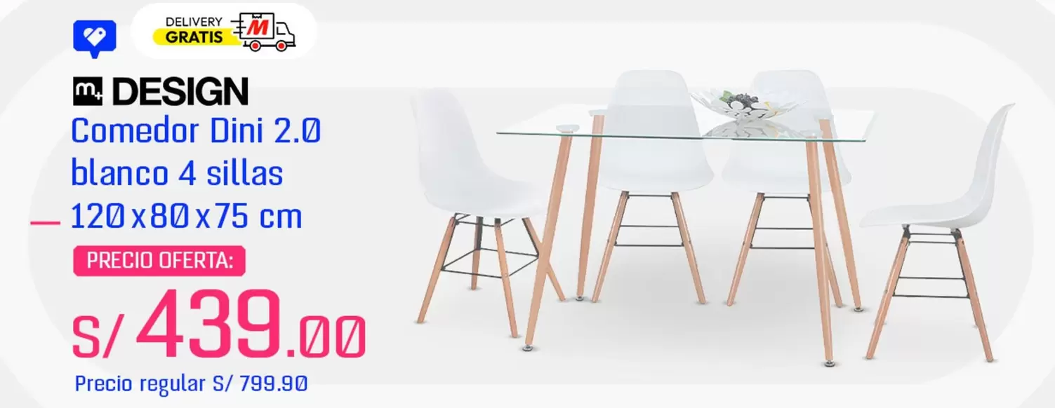 Comedor Dini 2.0 blanco 4 sillas - 120x80x75 cm