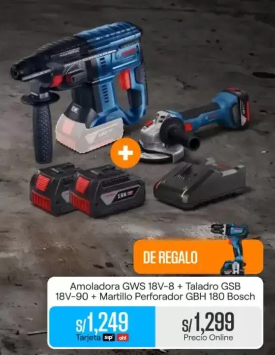 Bosch - Amoladora GWS 18V-8 + Taladro GSB 18V-90 + Martillo Perforador GBH 180
